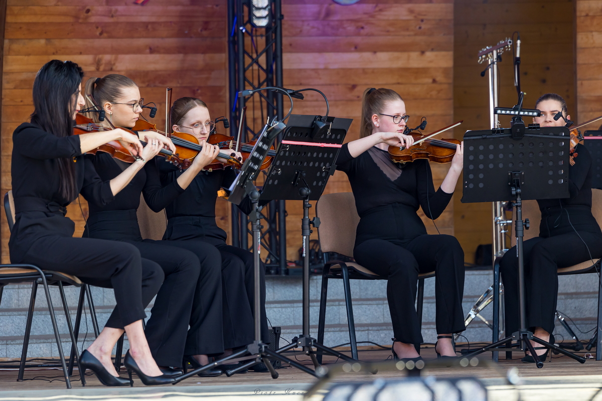 Pięć dziewcząt grających na skrzypcach.