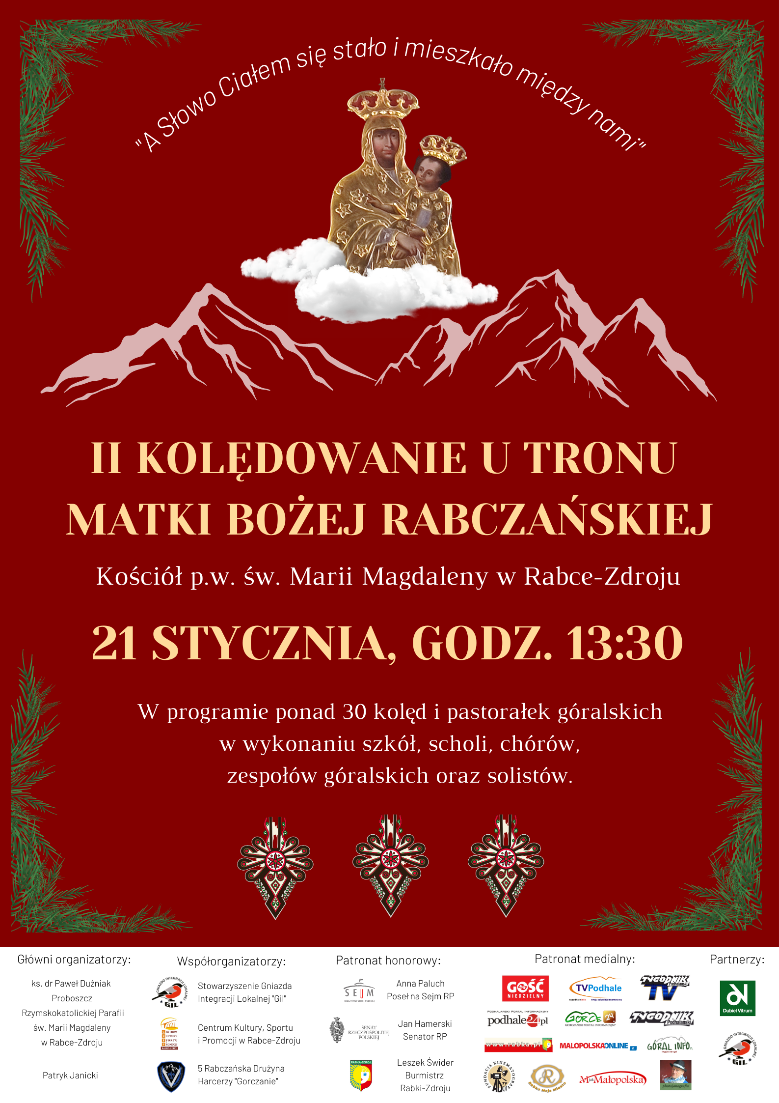 Plakat promujący wydarzenie II kolędowanie u tronu Matki Bożej Rabczańskiej